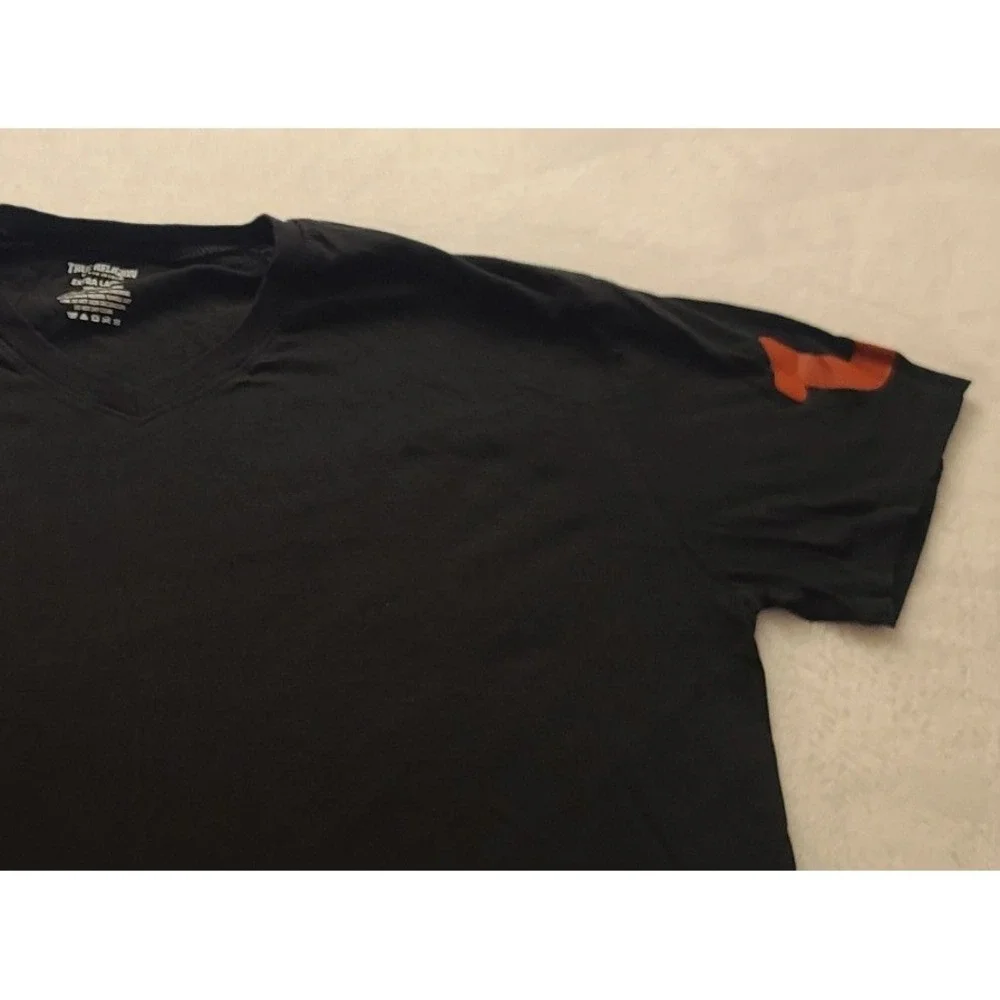 True Religion Men's Black V-Neck T-Shirt‎ XL Cotton Orange Logo Graphic Tee